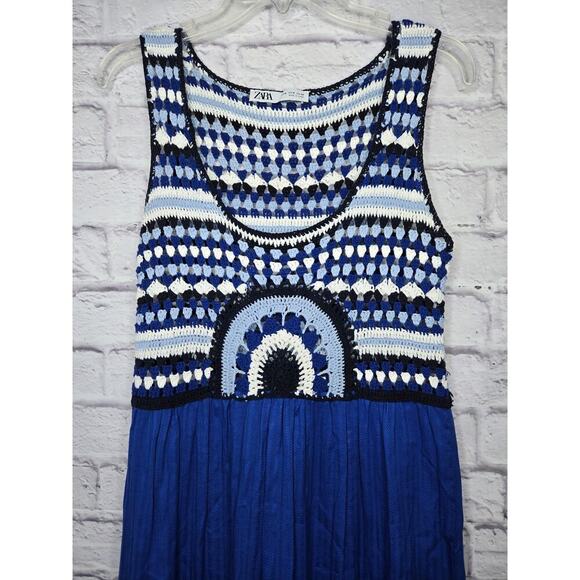 Zara Maxi Dress Contrast Blue Crochet Knit Top Ruffle Hem Sz M boho summer beach - Picture 4 of 8